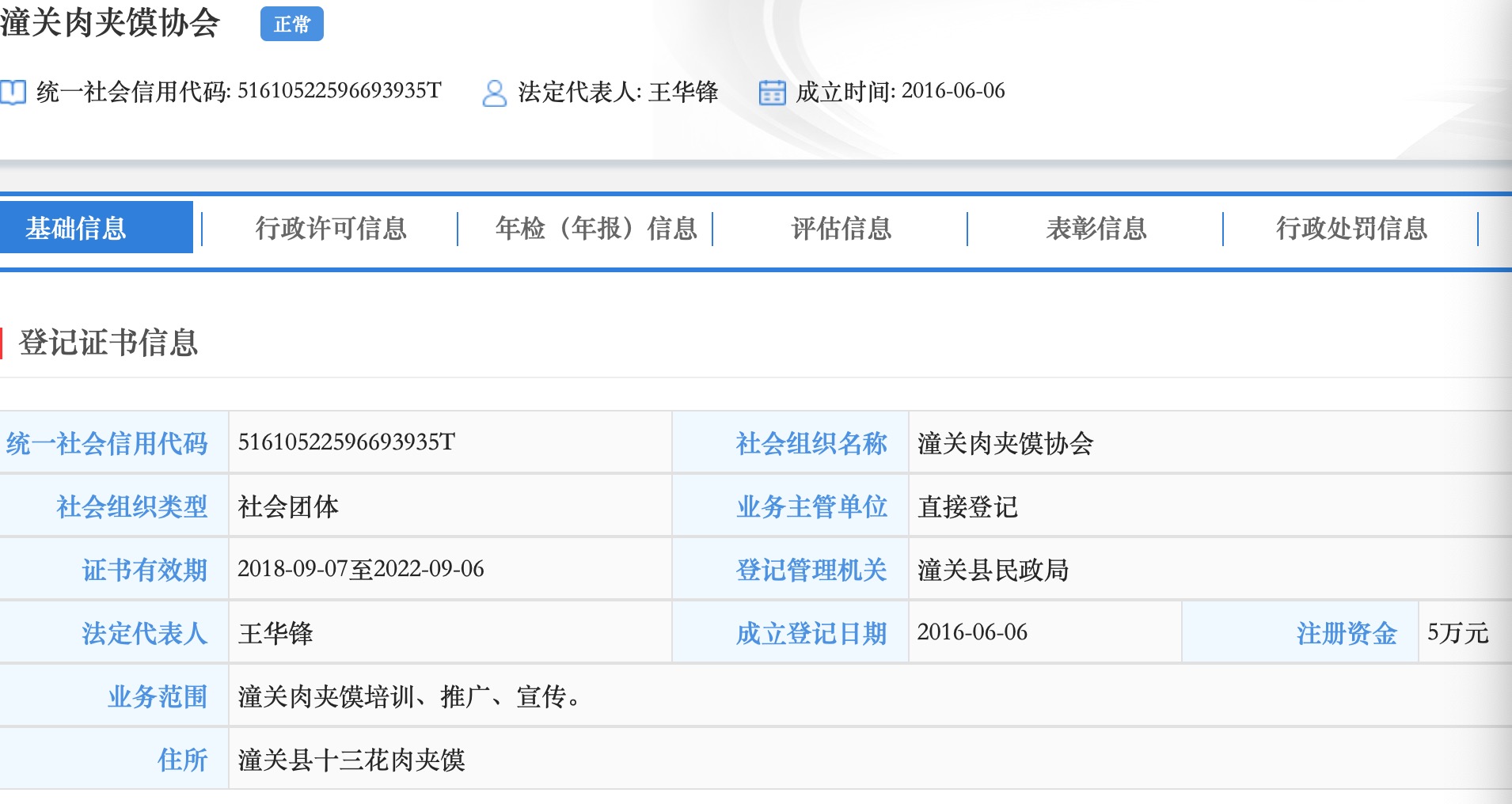 “潼关肉夹馍协会”法定代表人名为王华锋 来源：全国社会组织信用信息公示平台 