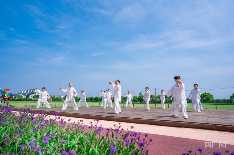 桐乡市屠甸镇荣星村村民在田园中锻炼身体（央广网发 荣星村供图）