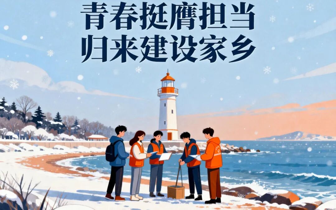 jimeng-2026-01-08-1980-清新插画风格,冬季海洋主题海报,画面中央是年轻人们在海边的灯塔下进行志愿服务,背....jpg
