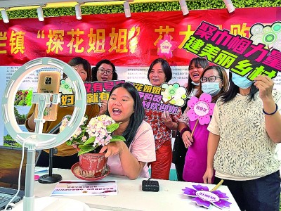 广东中山市横栏镇的“宝妈”们化身“探花姐姐”，做直播带货。光明图片